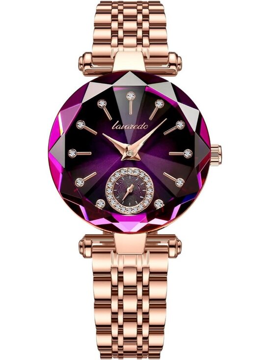Women Gold Purple Elegant Stainless Steel Analog Creative Diamond Dial Watch